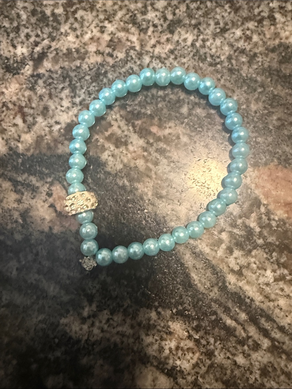 Pearlized Aqua Beaded Stretch Bracelet with Gold Accent